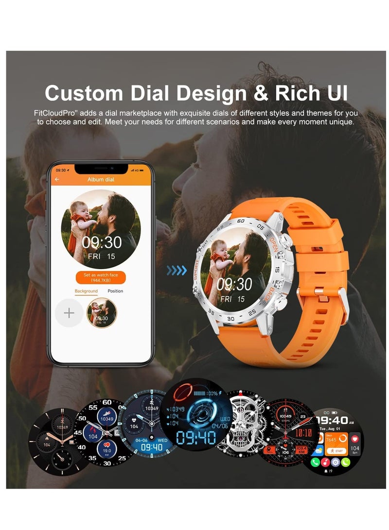 Military Smart Watch for Men(Answer/Dial Calls),100 Sports Modes, 5ATM Waterproof,1.39''HD Touchscreen Fitness Watch,with Heart Rate/Blood Pressure/SpO2 for Android/iOS Smart Watch Orange Silicone - Image 5