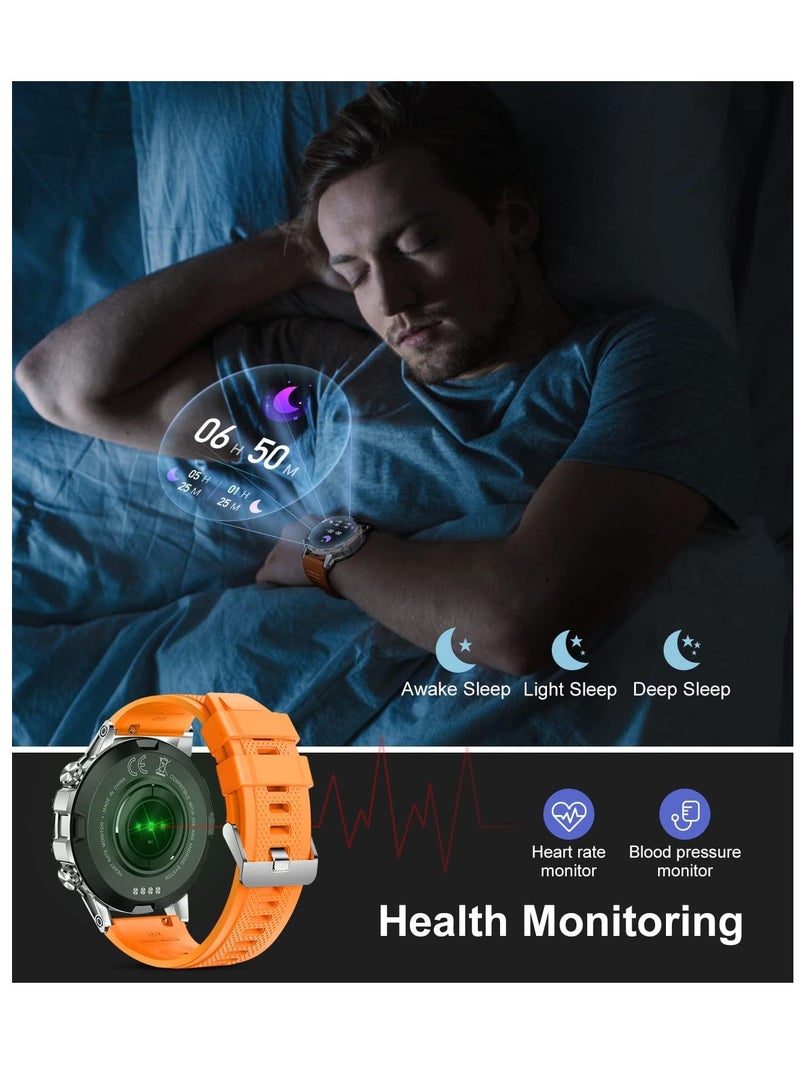 Military Smart Watch for Men(Answer/Dial Calls),100 Sports Modes, 5ATM Waterproof,1.39''HD Touchscreen Fitness Watch,with Heart Rate/Blood Pressure/SpO2 for Android/iOS Smart Watch Orange Silicone - Image 4
