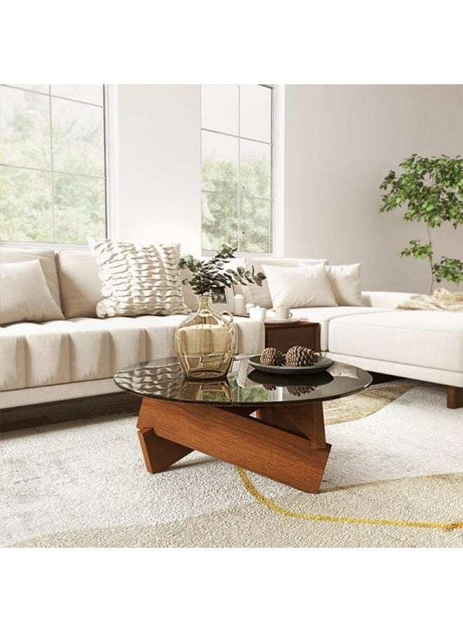 والالا طاولة قهوة، طاولة قهوة دائرية لغرفة المعيشة، طاولة قهوة زجاجية عصرية بأرجل من الخشب الصلب، طاولة مركزية بتصميم ريفي من منتصف القرن، طاولة أريكة دائرية كبيرة (جوز + رمادي، 80*80*31 سم) - Image 3