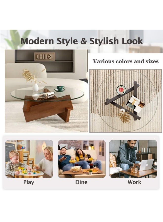 والالا طاولة قهوة، طاولة قهوة دائرية لغرفة المعيشة، طاولة قهوة زجاجية عصرية بأرجل من الخشب الصلب، طاولة مركزية بتصميم ريفي من منتصف القرن، طاولة أريكة دائرية كبيرة (جوز + رمادي، 80*80*31 سم) - Image 5