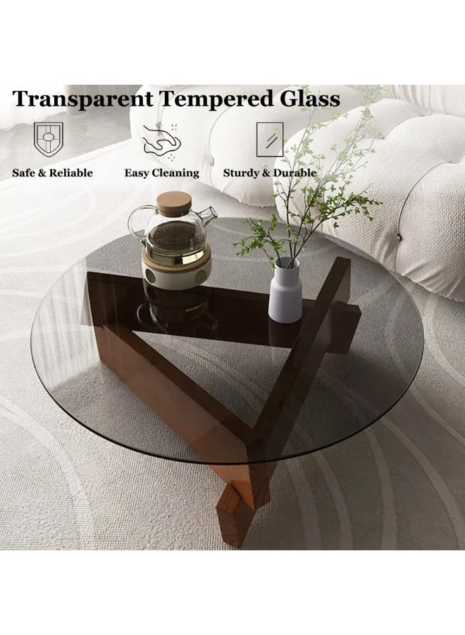 والالا طاولة قهوة، طاولة قهوة دائرية لغرفة المعيشة، طاولة قهوة زجاجية عصرية بأرجل من الخشب الصلب، طاولة مركزية بتصميم ريفي من منتصف القرن، طاولة أريكة دائرية كبيرة (جوز + رمادي، 80*80*31 سم) - Image 2