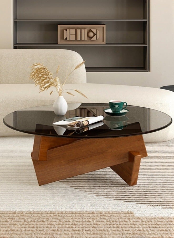 والالا طاولة قهوة، طاولة قهوة دائرية لغرفة المعيشة، طاولة قهوة زجاجية عصرية بأرجل من الخشب الصلب، طاولة مركزية بتصميم ريفي من منتصف القرن، طاولة أريكة دائرية كبيرة (جوز + رمادي، 80*80*31 سم) - Image 1