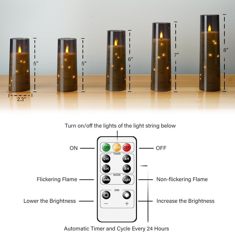 شموع LED بدون لهب من مع مؤقت، 5 قطع، شموع وامضة بدون لهب لأجواء رومانسية وديكور المنزل، غلاف أكريليك ثابت، مع سلسلة نجوم مدمجة، شموع تعمل بالبطارية (رمادي) - Image 4