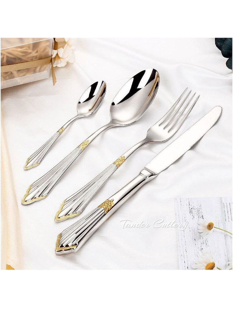 24 Piece Luxury 24K Gold Plated Flatware Set Dishwasher Safe Cutlery Set Antique Silverware Hollow Handle Dinner Knife - Image 2