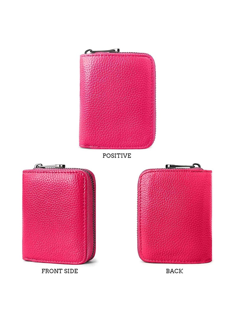 RFID Protected Rose Red Genuine Leather Card Holder with 20 Slots Compact Wallet for Men and Women Zipper Closure Organizer - Image 4
