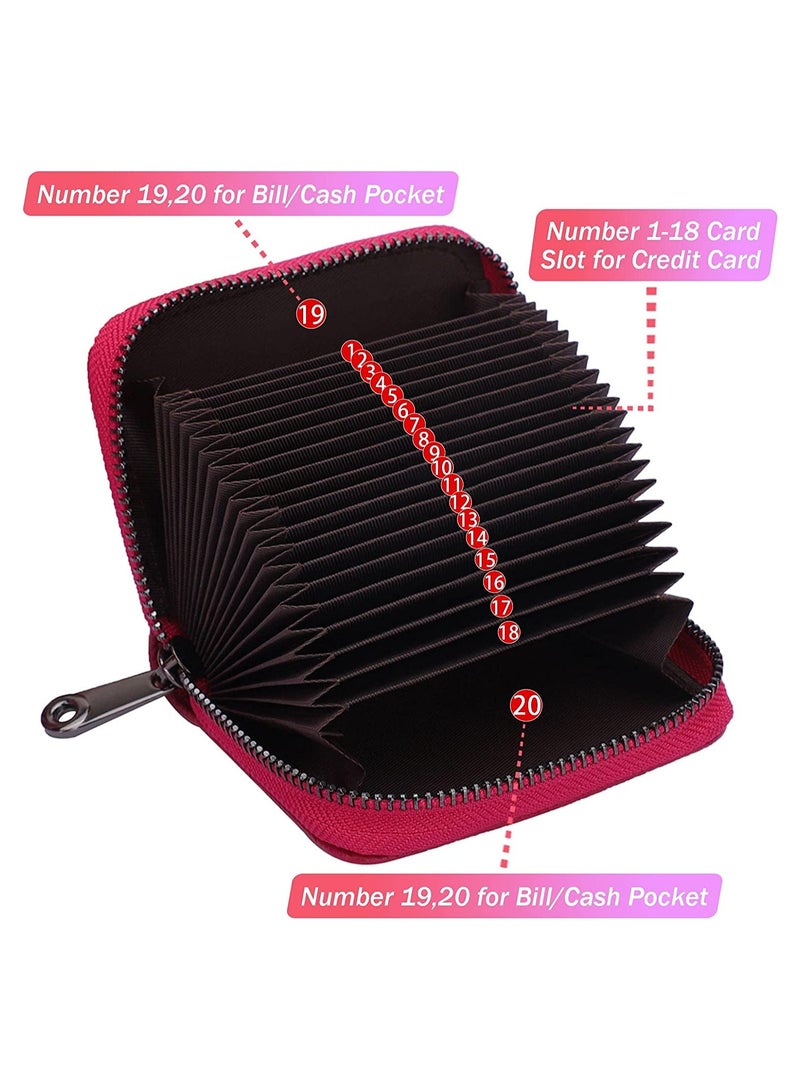 RFID Protected Rose Red Genuine Leather Card Holder with 20 Slots Compact Wallet for Men and Women Zipper Closure Organizer - Image 1