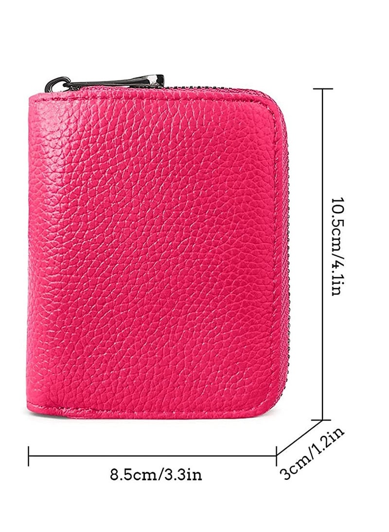 RFID Protected Rose Red Genuine Leather Card Holder with 20 Slots Compact Wallet for Men and Women Zipper Closure Organizer - Image 5