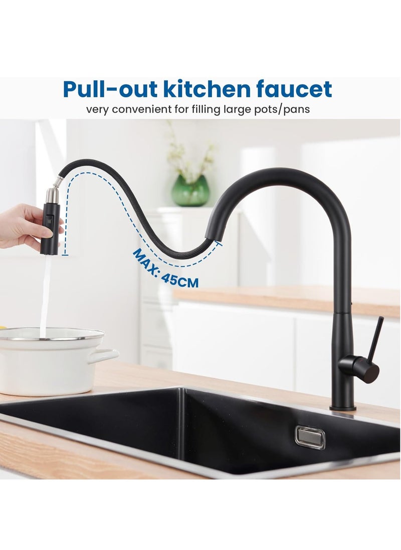 RATSAW Kitchen Tap Black High Pressure Kitchen Tap with Extendible Shower Black Stainless Steel Mixer Tap Kitchen with High Spout  - Image 2