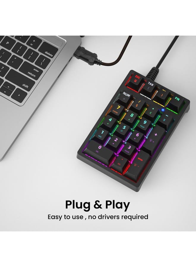 Gurjot لوحة الأرقام، لوحة مفاتيح رقمية ميكانيكية سلكية USB مع إضاءة خلفية ملونة 21 مفتاح للكمبيوتر المحمول والكمبيوتر المكتبي أسود (مفاتيح زرقاء) - Image 3
