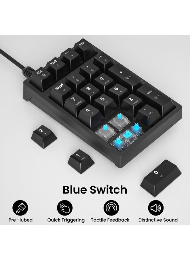 Gurjot لوحة الأرقام، لوحة مفاتيح رقمية ميكانيكية سلكية USB مع إضاءة خلفية ملونة 21 مفتاح للكمبيوتر المحمول والكمبيوتر المكتبي أسود (مفاتيح زرقاء) - Image 4
