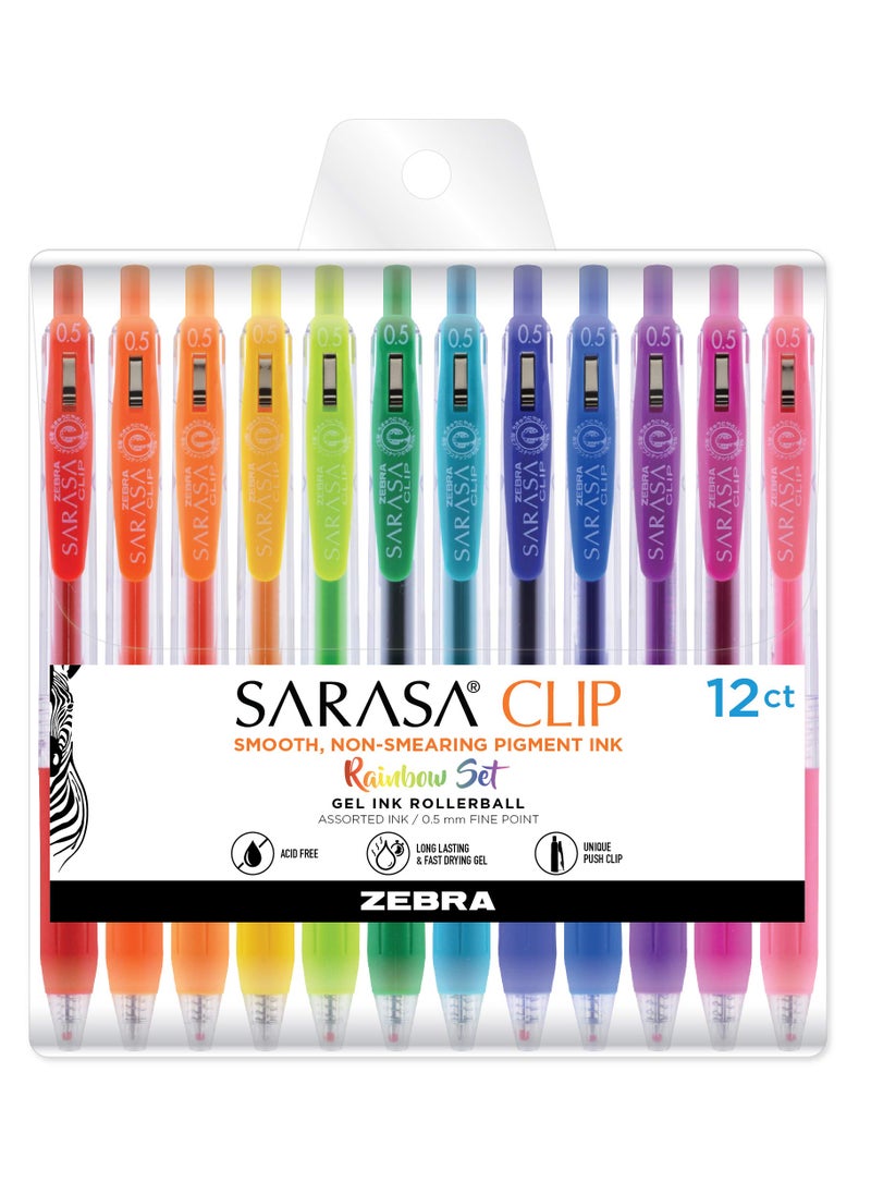 ZEBRA Zebra Pen Sarasa Clip Retractable Gel Pen, Fine Point, 0.5mm, Rainbow Assorted Colors, 12-Pack  - Image 1