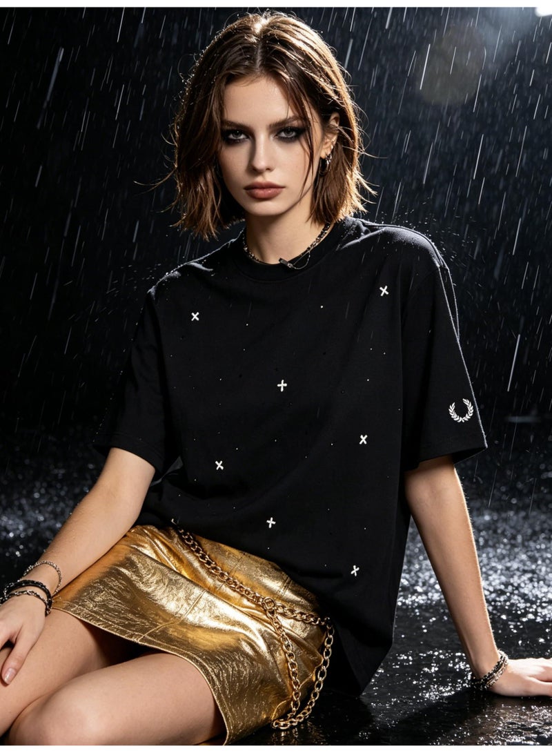 فريد بيري Unisex star rhinestones embellish short-sleeved T-shirts, laurel wreath Logo casual street T-shirts for men and women. - Image 2