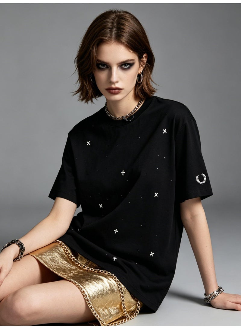 فريد بيري Unisex star rhinestones embellish short-sleeved T-shirts, laurel wreath Logo casual street T-shirts for men and women. - Image 5