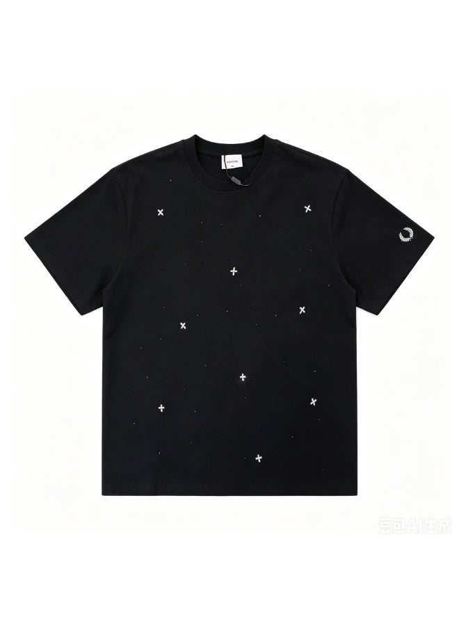 فريد بيري Unisex star rhinestones embellish short-sleeved T-shirts, laurel wreath Logo casual street T-shirts for men and women. - Image 3
