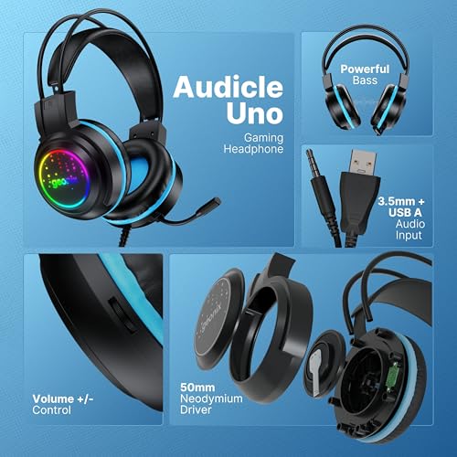 Geonix Audicle Uno Stereo Wired Gaming On Ear Headphone with RGB Light for earcups, 50mm Neodymium Drivers, 2 Meter Nylon Braided, Flexible mic, Suspension Headband, 3.5mm + USB Connector (Black) - Image 2