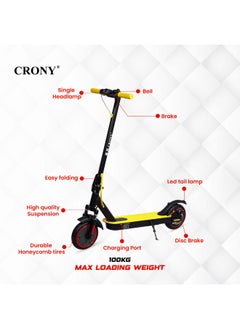 Crony W563 high speed 250W Motor E-Scooter 25-45KM/H Speed, 36V/7.8AH Battery, 10-25KM Range, Front Suspension, Rear Disc Brakes, Aluminum Alloy Frame, 100KG Max Load, LED Headlamp, App Connectivity, Foldable & Portable Electric Scooter for Adults & Kids, Electric Scooter for Commuting & Leisure, Long-Range Motorized Scooter with Easy Folding, Lightweight High-Performance Commuter Skateboard，yellow  - Image 2