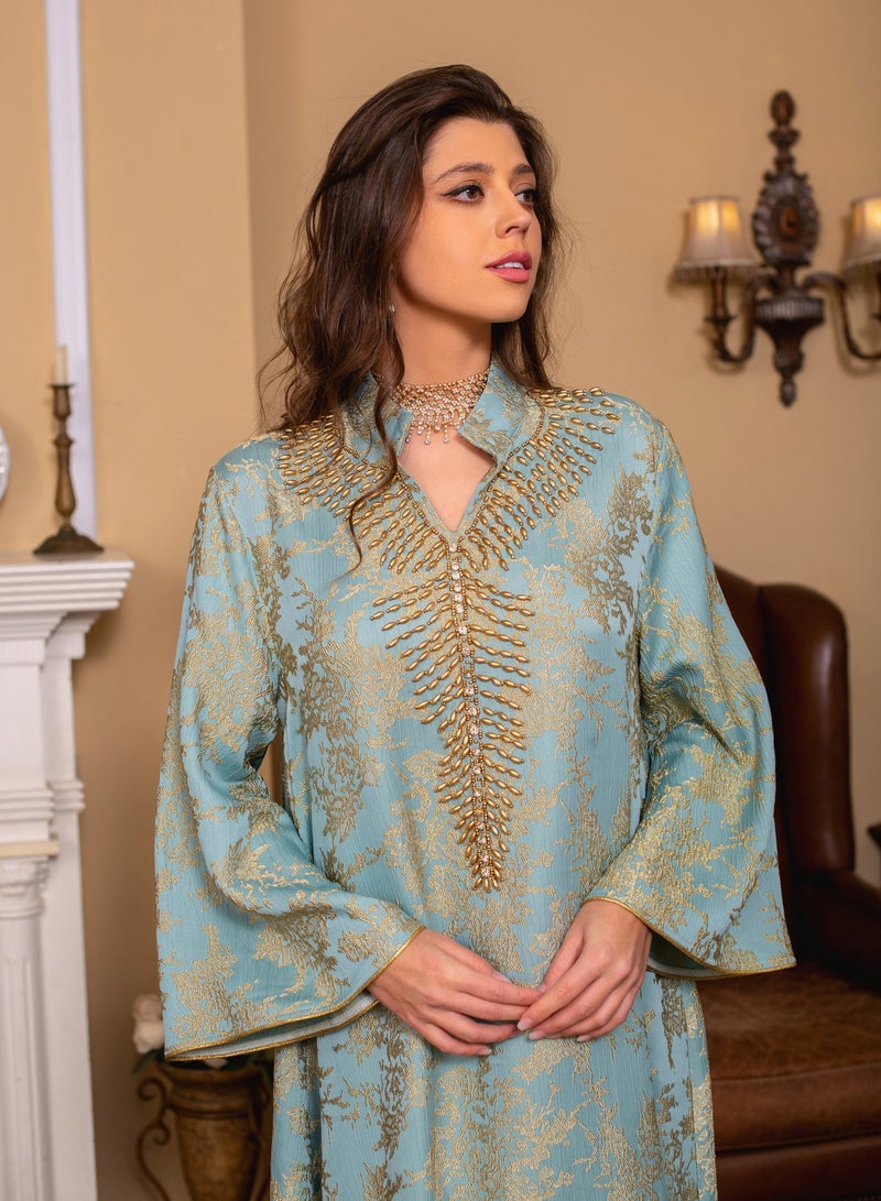 Muslim Ramadan Eid Embroidery Beading Casual Abaya For Women Jalabiyat Gulf Bindalli Long Sleeve Evening Gown  - Image 4