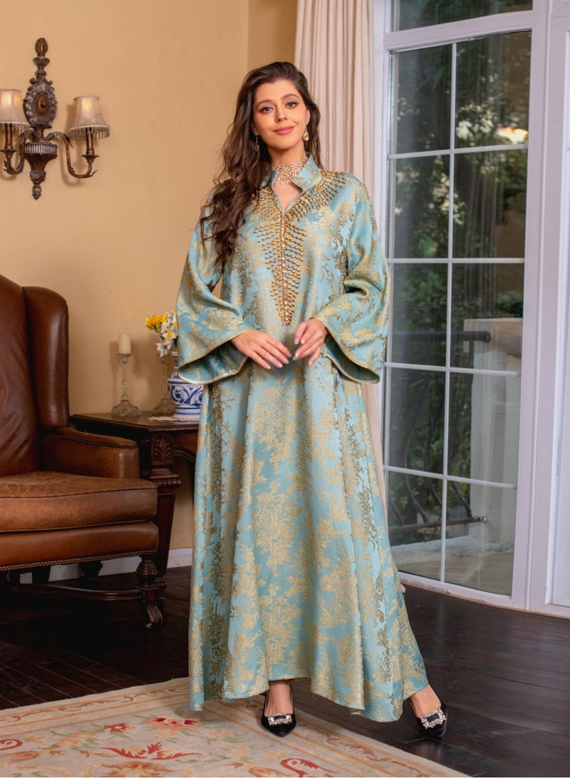 Muslim Ramadan Eid Embroidery Beading Casual Abaya For Women Jalabiyat Gulf Bindalli Long Sleeve Evening Gown  - Image 3