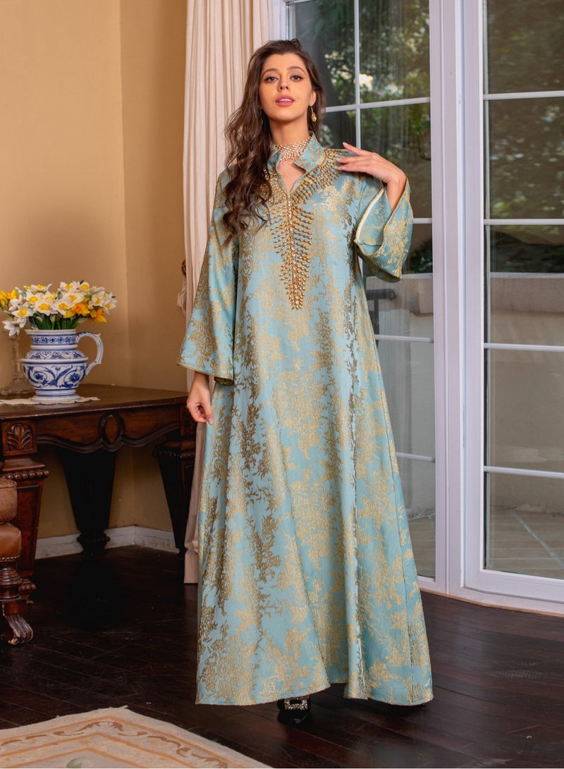 Muslim Ramadan Eid Embroidery Beading Casual Abaya For Women Jalabiyat Gulf Bindalli Long Sleeve Evening Gown  - Image 1