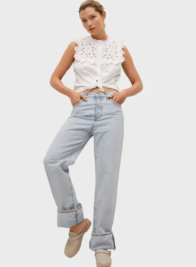 MANGO Ruffle Detail High Neck Top