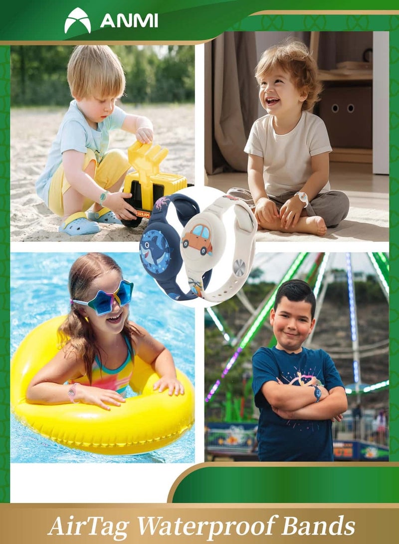 Anmi 2 Pack  AirTag Waterproof Bands, Compatible with Apple Air Tag Cartoon Pattern GPS Protective Cover, Gray Car/Blue Shark - Image 3