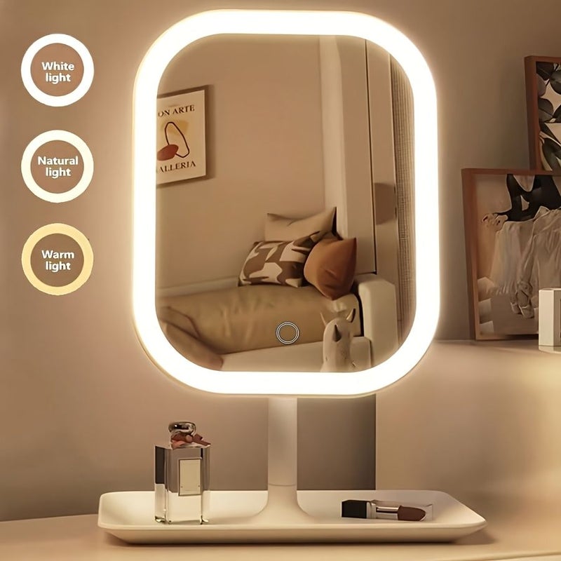 Pink LED Rechargeable Makeup Mirror With Front Light 3 Modes Foldable Portable for Student Dormitory - Image 1