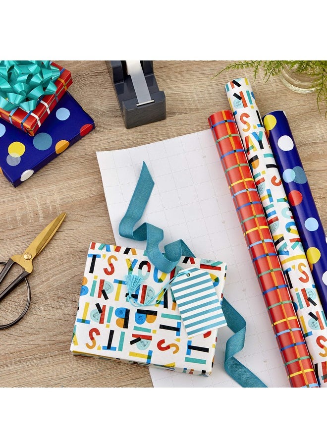 Hallmark Hallmark Birthday Wrapping Paper Bundle with Cut Lines on Reverse (3-Pack: 55 sq. ft. ttl.) Bright and Holographic Prints and Patterns in Red, Blue, Yellow, White and More  - Image 2