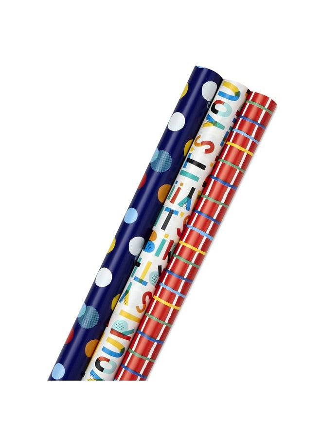 Hallmark Hallmark Birthday Wrapping Paper Bundle with Cut Lines on Reverse (3-Pack: 55 sq. ft. ttl.) Bright and Holographic Prints and Patterns in Red, Blue, Yellow, White and More  - Image 1