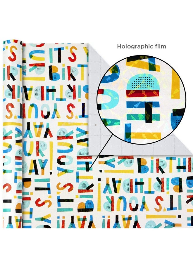 Hallmark Hallmark Birthday Wrapping Paper Bundle with Cut Lines on Reverse (3-Pack: 55 sq. ft. ttl.) Bright and Holographic Prints and Patterns in Red, Blue, Yellow, White and More  - Image 3