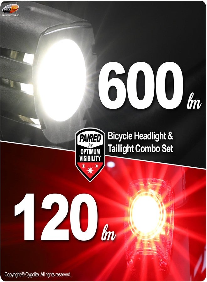 Cygolite Streak 600 Lumen Headlight and Hotshot 120 Lumen Taillight Bicycle Light Combo Set – 7 Night & Daytime Modes – Compact Design – Water Resistant – USB-C Rechargeable – Great for Busy Roads - Image 2