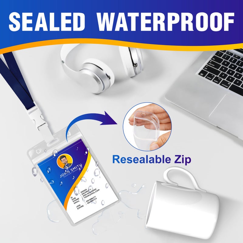 LIEMAND 10Pack Vertical ID Badge Holder - Extra Thick Clear ID Card Holder with Waterproof Resealable Zip - Name Tag Holder for Nurses, Office and School - Image 3