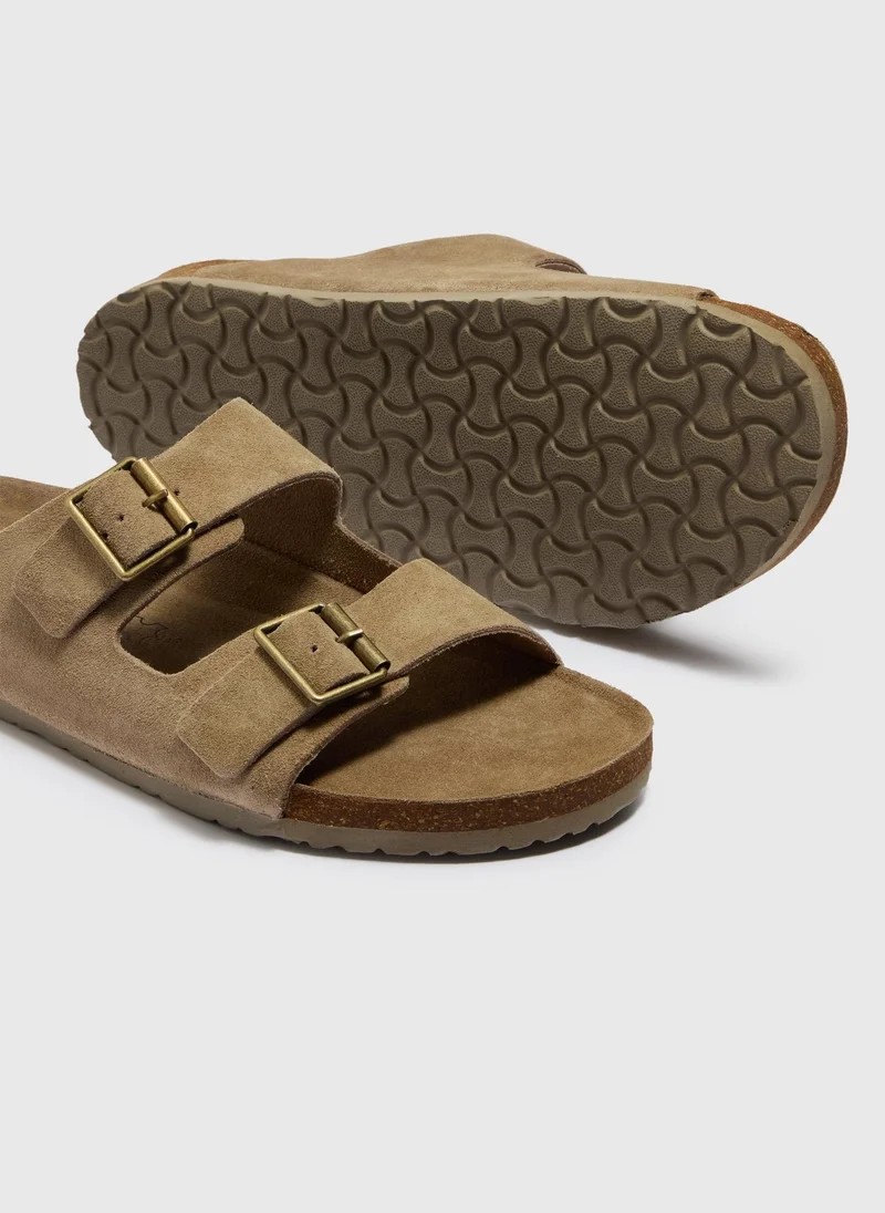 ماتلان Khaki Real Suede Double Buckle Sandals