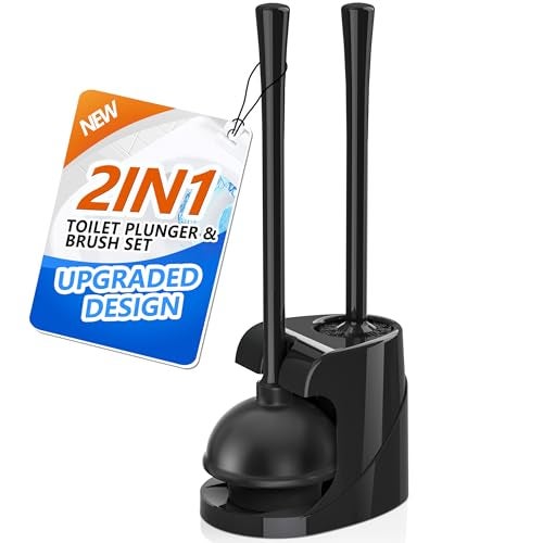 TRENTI Toilet Plunger and Brush with Holder, Bowl Brush and Heavy Duty Toilet Plunger Set for 5.7-inch Toilet Drain, 2-in-1 Bathroom Cleaning Combo with Modern Caddy Stand (Black) - Image 1