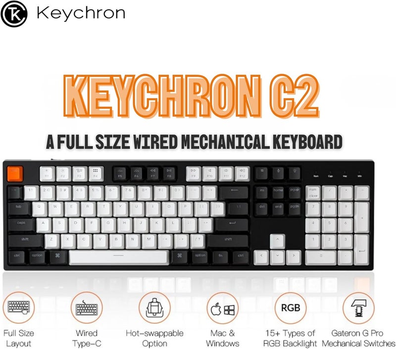 Keychron C2 Full Size 104 Keys USB Type-C Wired Mechanical Gaming Keyboard for Mac Layout, Gateron G Pro Brown Switch/RGB Backlight/Double-Shot ABS keycaps Computer Keyboard for Windows Laptop PC - Image 2