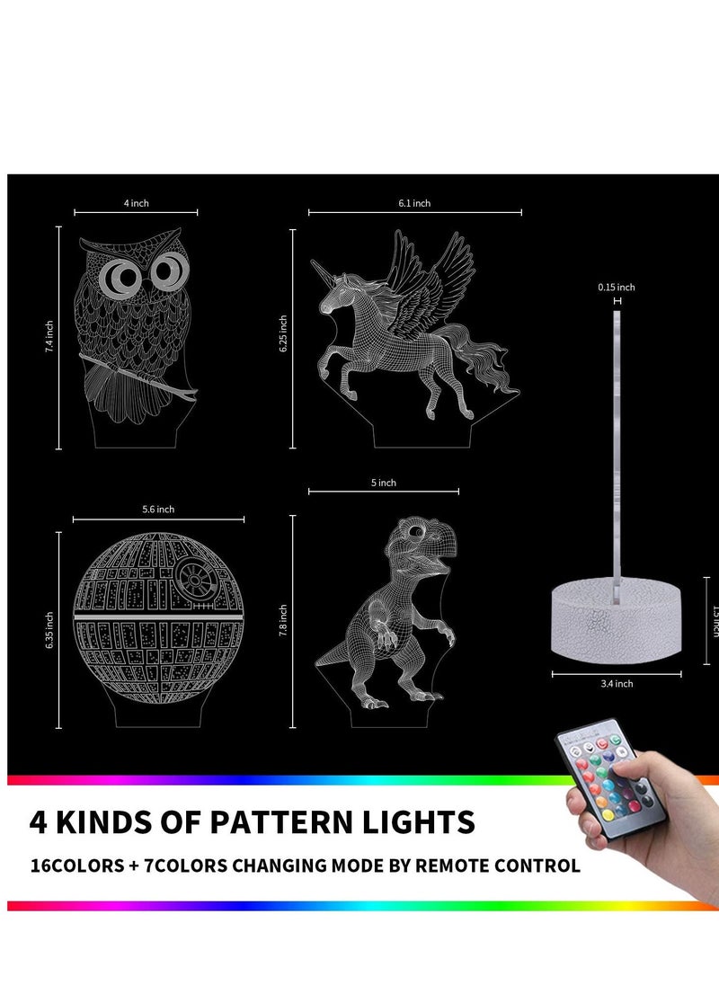 althiqahkey - 4 Patterns 3D Illusion Lamp Star Wars+ Dinosaur Unicorn Owl LED Multicolor Night Light for Kids Room Decor  7/16 Color Change Decor Boys Lamp Gifts Cool Gift for Kids - Image 1