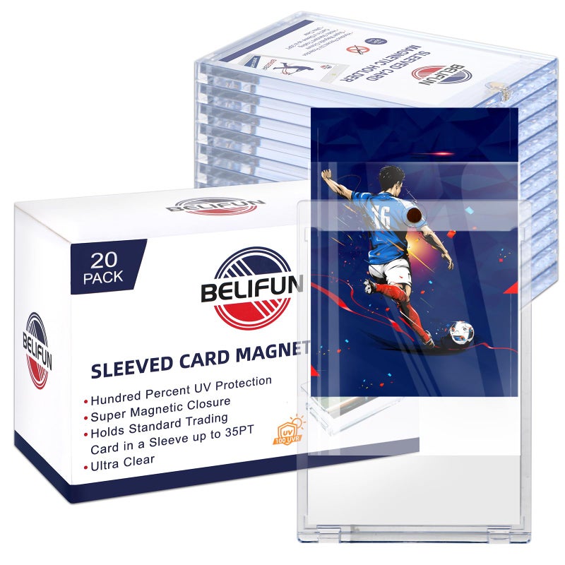 belifun 20-Pack One Touch Sleeved-Card Magnetic-Holders - 35PT Trading Card Holders, UV Protection Clear Acrylic Card Cases, Magnet Case Protectors for Game Cards, Baseball Cards, Sports Cards, Standard Cards - Image 1