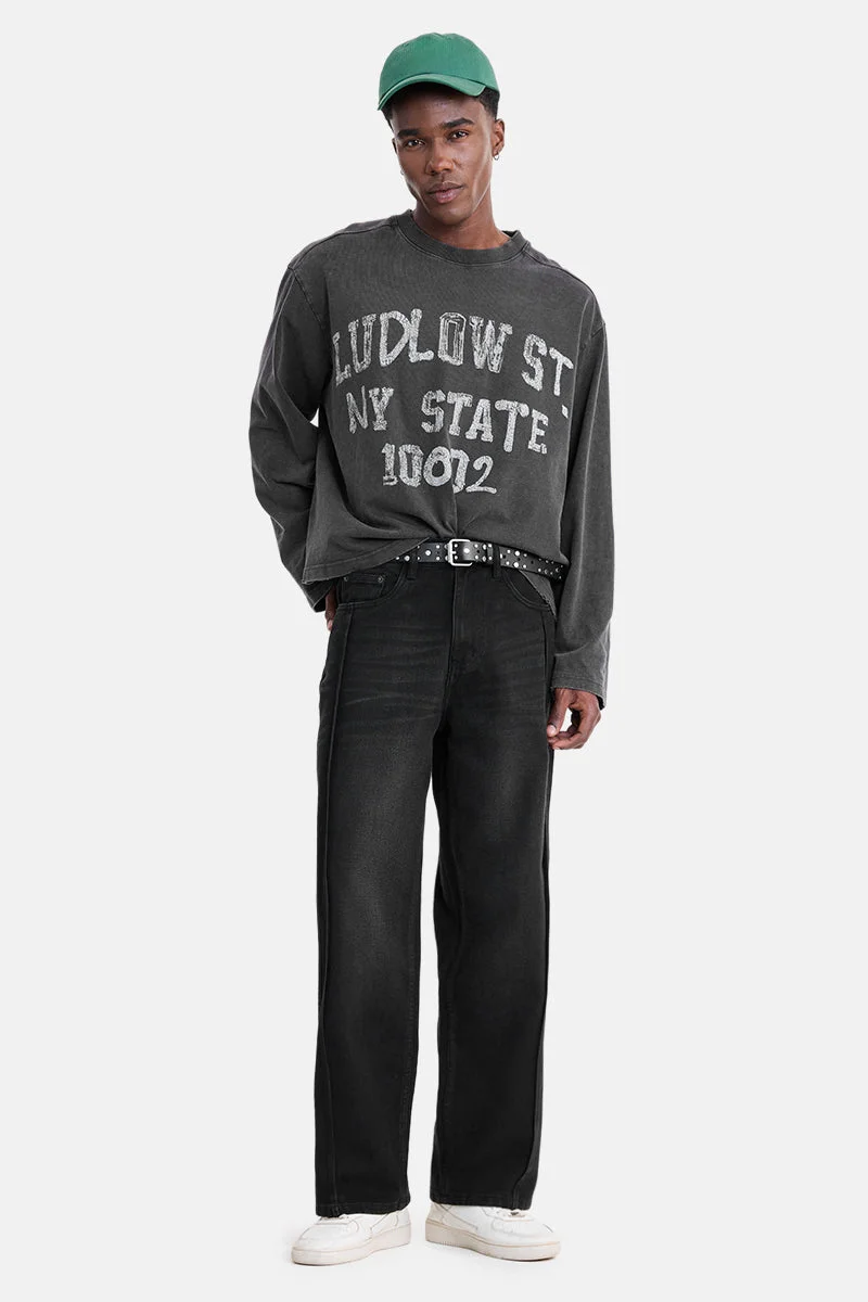 سنيتش Black Solid Wide Leg Streetwear Jeans