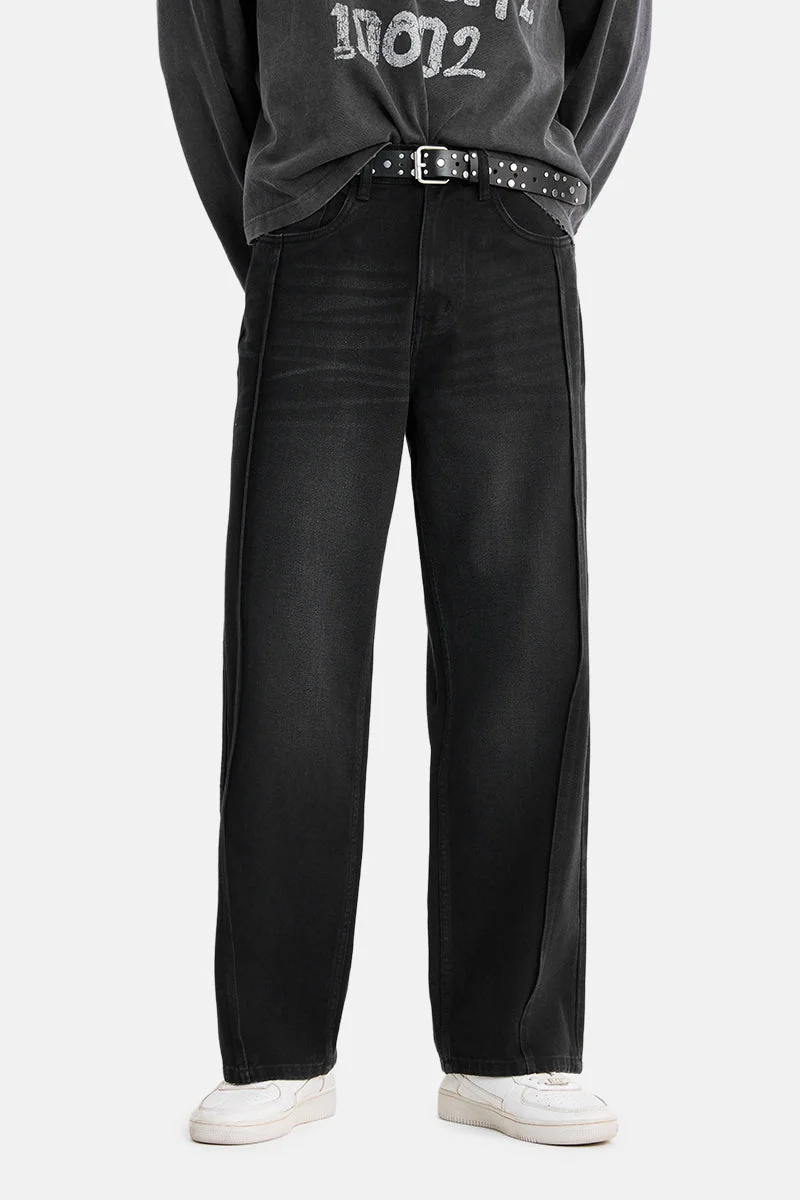 سنيتش Black Solid Wide Leg Streetwear Jeans