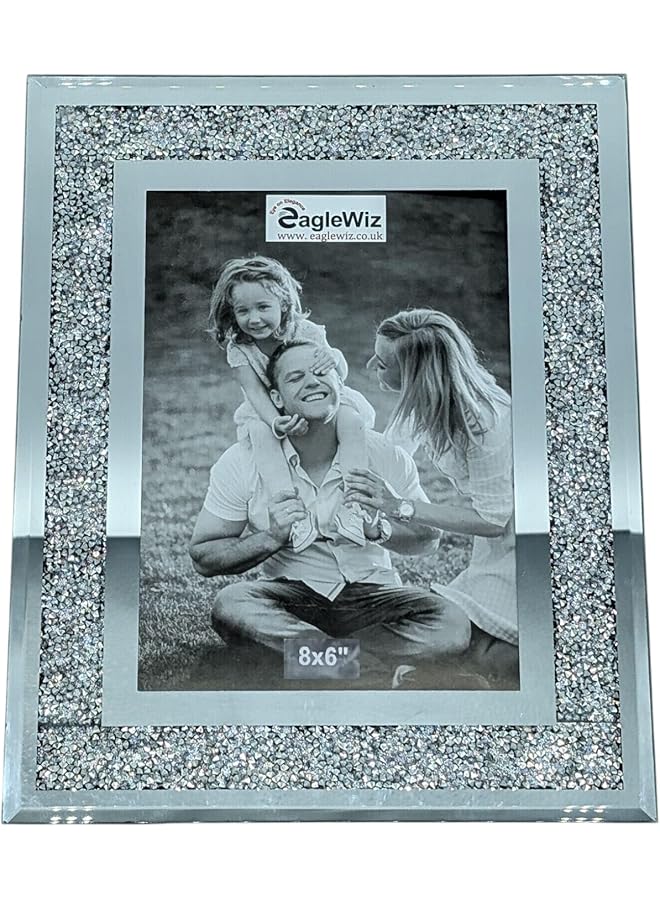 The Bros Silver Crushed Jewel Mirror Glass Photo Frame Diamand Crystal Picture Frame Wedding Family Photo Frame 8x6 photo frame (20cm x 15cm) - Image 1