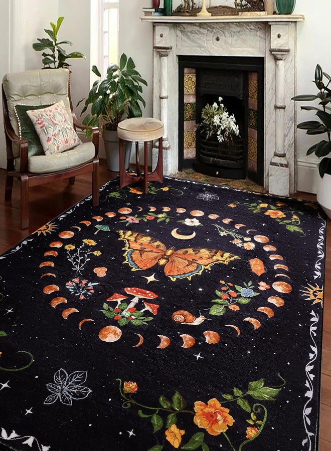 Ouyattle Ultra Thin Moody Black Floral Rugs Washable, Boho Cute Aesthetic Bedroom Rugs Dorm Carpet Indie Moon Phase Room Decor, Vintage Botanical Butterfly 5x7 Area Rug for Dining Living Room Kitchen Entryway - Image 2