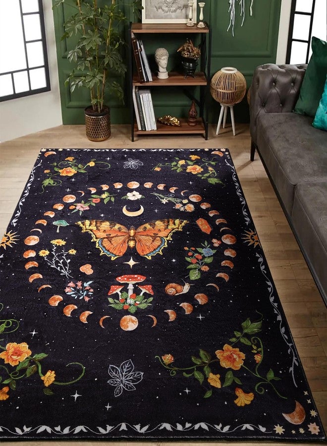 Ouyattle Ultra Thin Moody Black Floral Rugs Washable, Boho Cute Aesthetic Bedroom Rugs Dorm Carpet Indie Moon Phase Room Decor, Vintage Botanical Butterfly 5x7 Area Rug for Dining Living Room Kitchen Entryway - Image 1