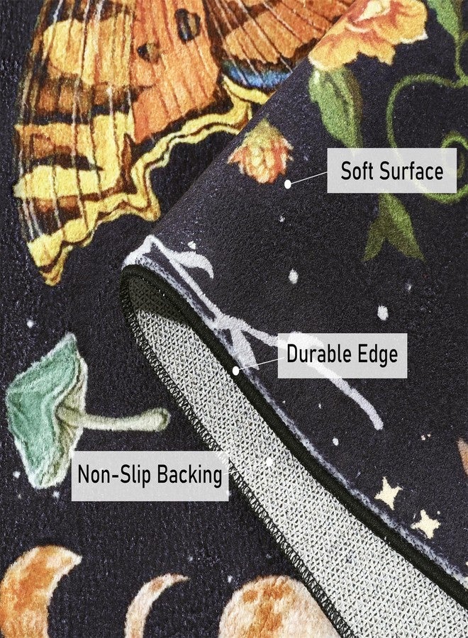 Ouyattle Ultra Thin Moody Black Floral Rugs Washable, Boho Cute Aesthetic Bedroom Rugs Dorm Carpet Indie Moon Phase Room Decor, Vintage Botanical Butterfly 5x7 Area Rug for Dining Living Room Kitchen Entryway - Image 3