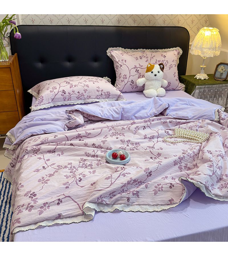 Purple Tulip Floral Summer Quilt Soft Misty Pink Lace Trim 78.74x90.55 Inch - Image 2