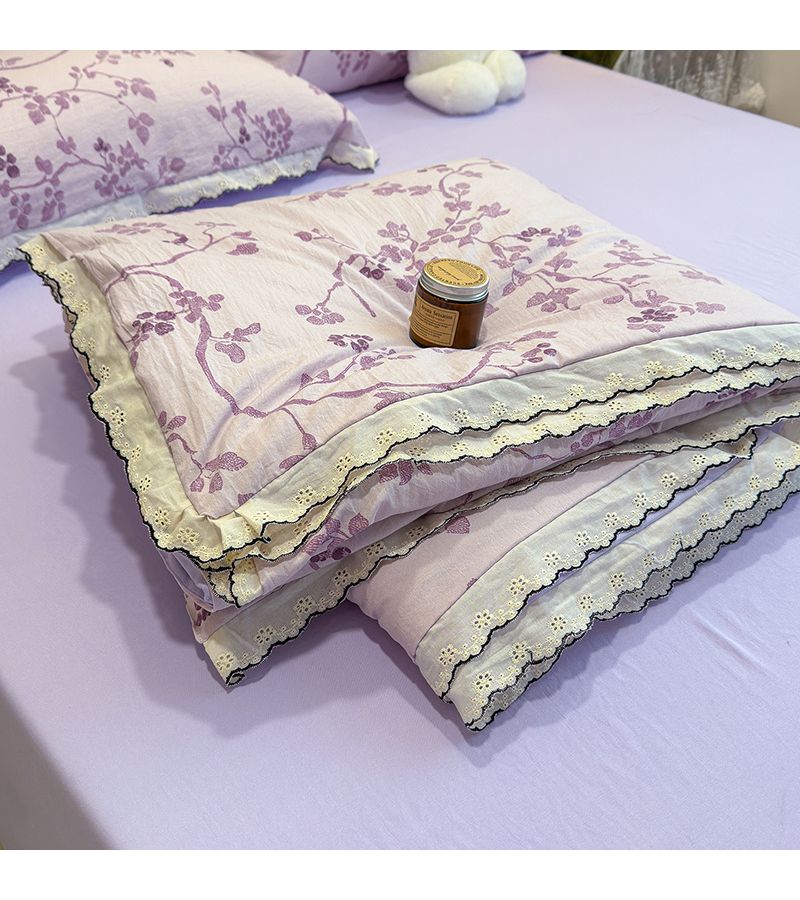 Purple Tulip Floral Summer Quilt Soft Misty Pink Lace Trim 78.74x90.55 Inch - Image 4