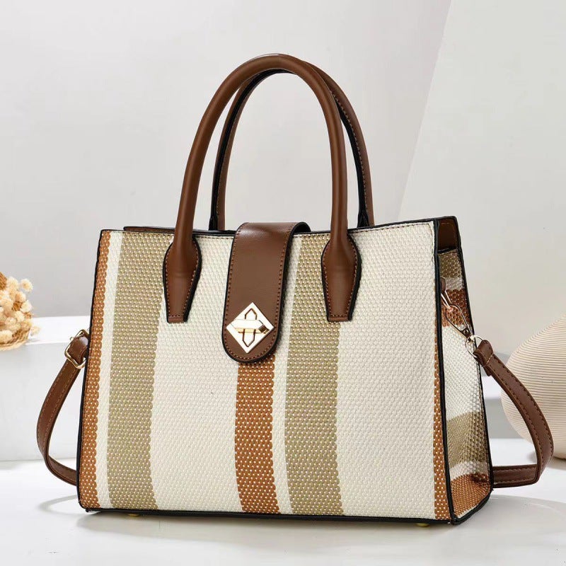 Color-Blocked Women'S Canvas Retro Handbag Bucket Bag Versatile Simple Crossbody Bag Shoulder Bag Bucket Style - Image 1