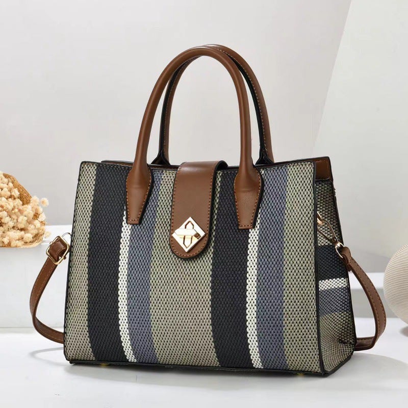 Color-Blocked Women'S Canvas Retro Handbag Bucket Bag Versatile Simple Crossbody Bag Shoulder Bag Bucket Style - Image 3