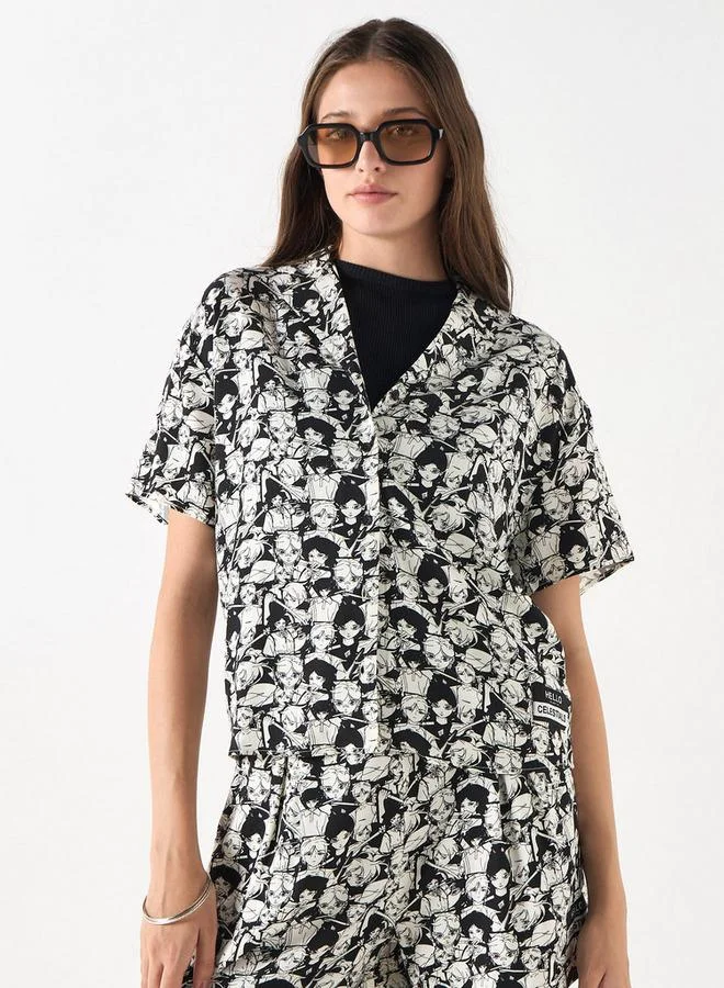The Celestials Print Notch Collar Shirt with Short Sleeves