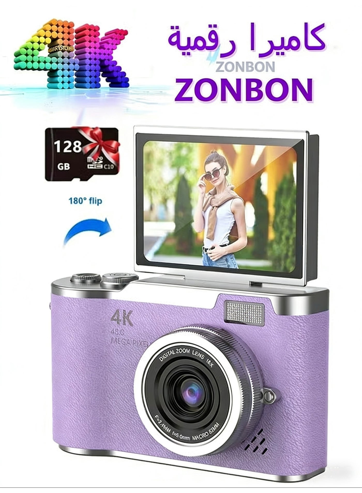 4k CCD Digital Zoom Student Digital Camera 48MP Portable Digital Photography Camera 180° Flip Screen Selfie Camera,with 128GB SD card