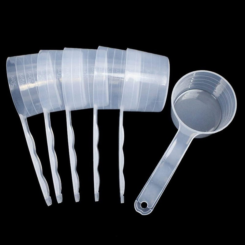 lasenersm 6 Pieces Long Handle Plastic Measuring Spoons Measuring Scoops Milk Powder Scoops Lab Measuring Spoon for Cosmetics Powders Seasoning Kitchen, Individual Packing, 25g (50ml), Translucent - Image 1