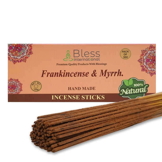 BLESSFRANKINCENSEANDMYRRH 100NATURALHANDMADEHANDDIPPEDINCENSESTICKS ORGANICCHEMICALSFREE FORPURIFICATIONRELAXATIONPOSITIVITYYOGAMEDITATION THEBESTWOODSSCENT 500 STICKS 750GM